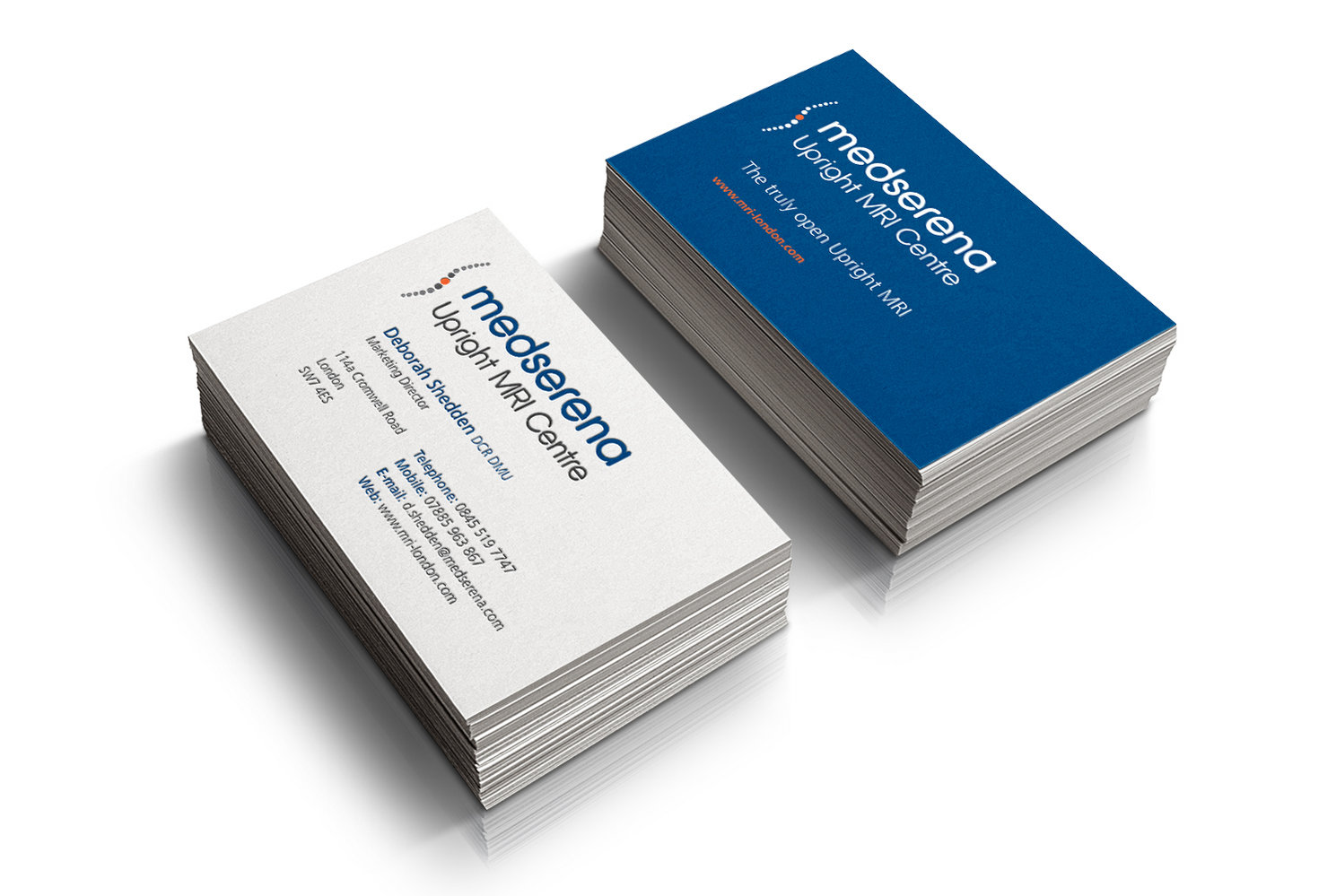 Medserena Business Card Design showing front and backs in two stacked piles