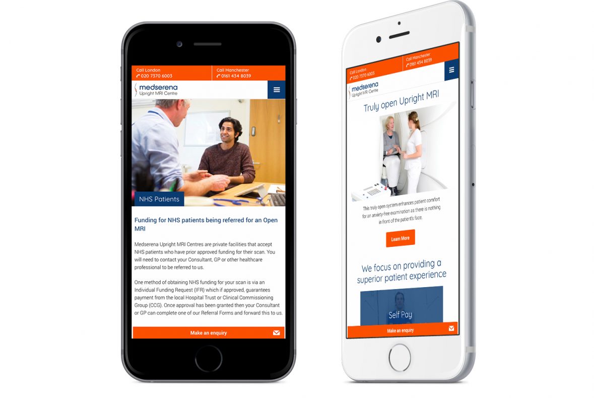 Two mobile devices showing Medserena website pages on screen