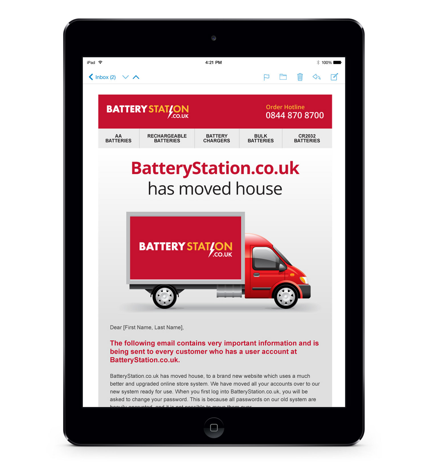 BatteryStation email design shown on tablet