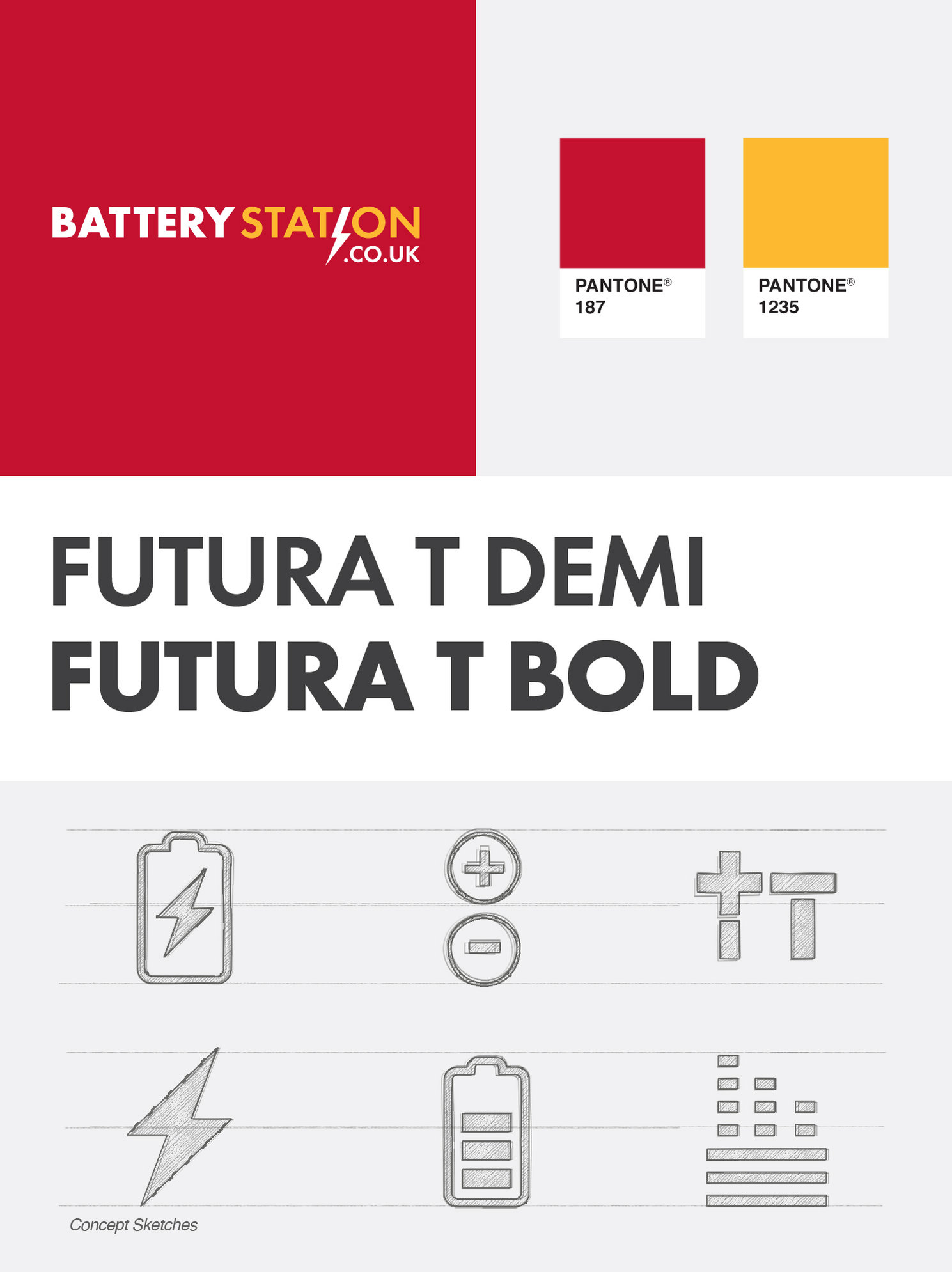 BatteryStation Logo Design showing PANTONE colours fonts used and logo sketches