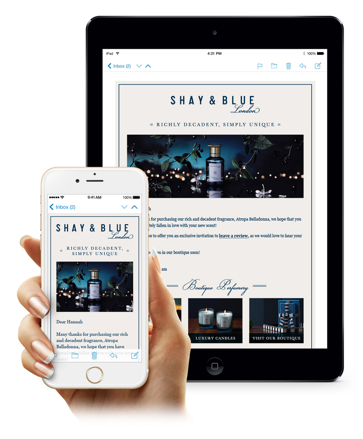 Shay & Blue email design shown on smart phone and tablet