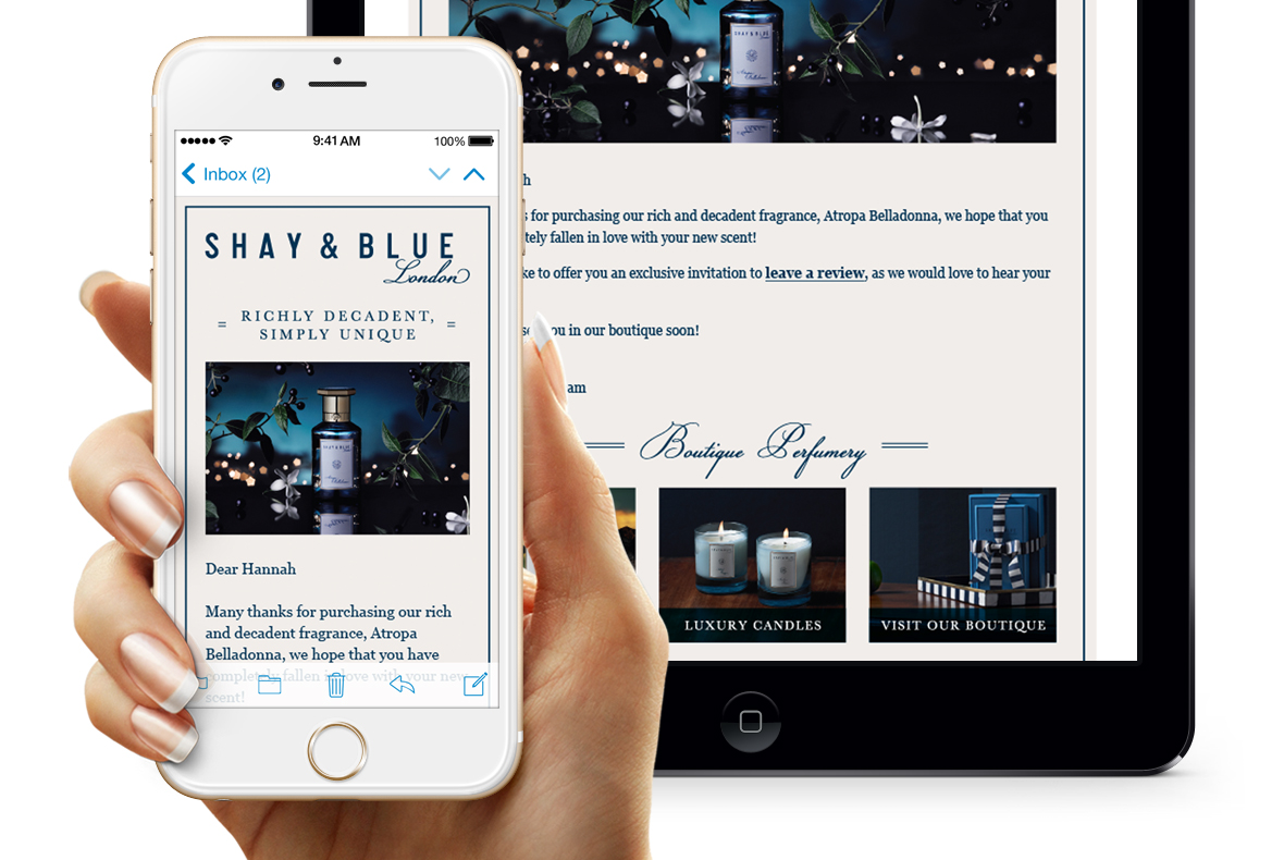 Shay & Blue email design shown on smart phone and tablet on white