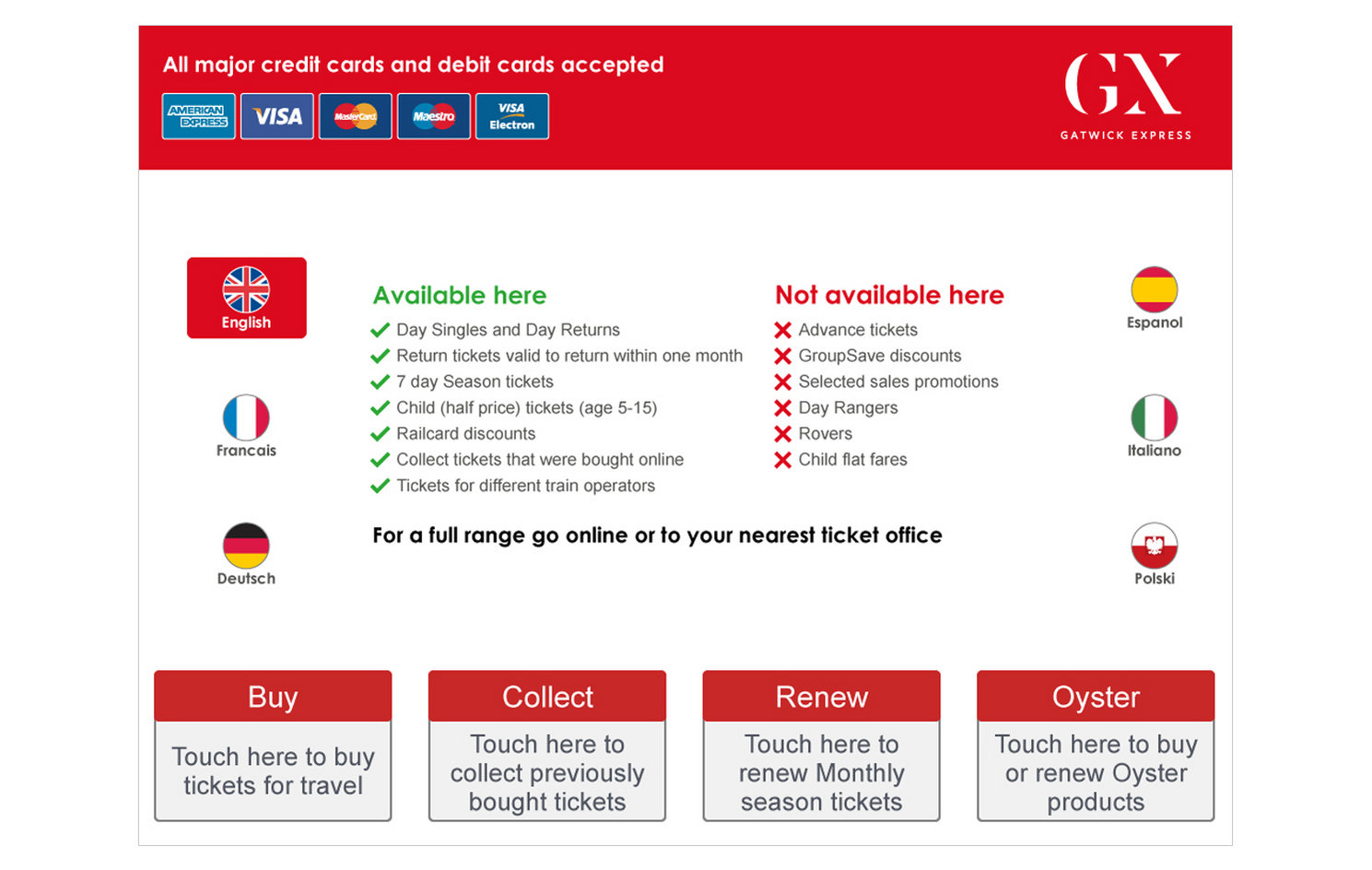 Gatwick Express ticket kiosk user interface design