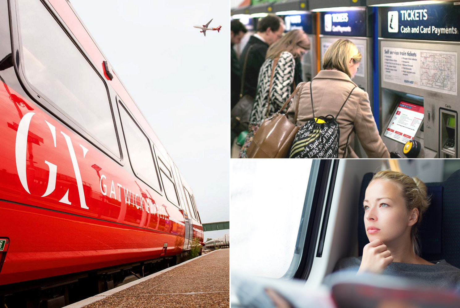 Red train on platform, buying travel ticket from kiosk and young lady on a train