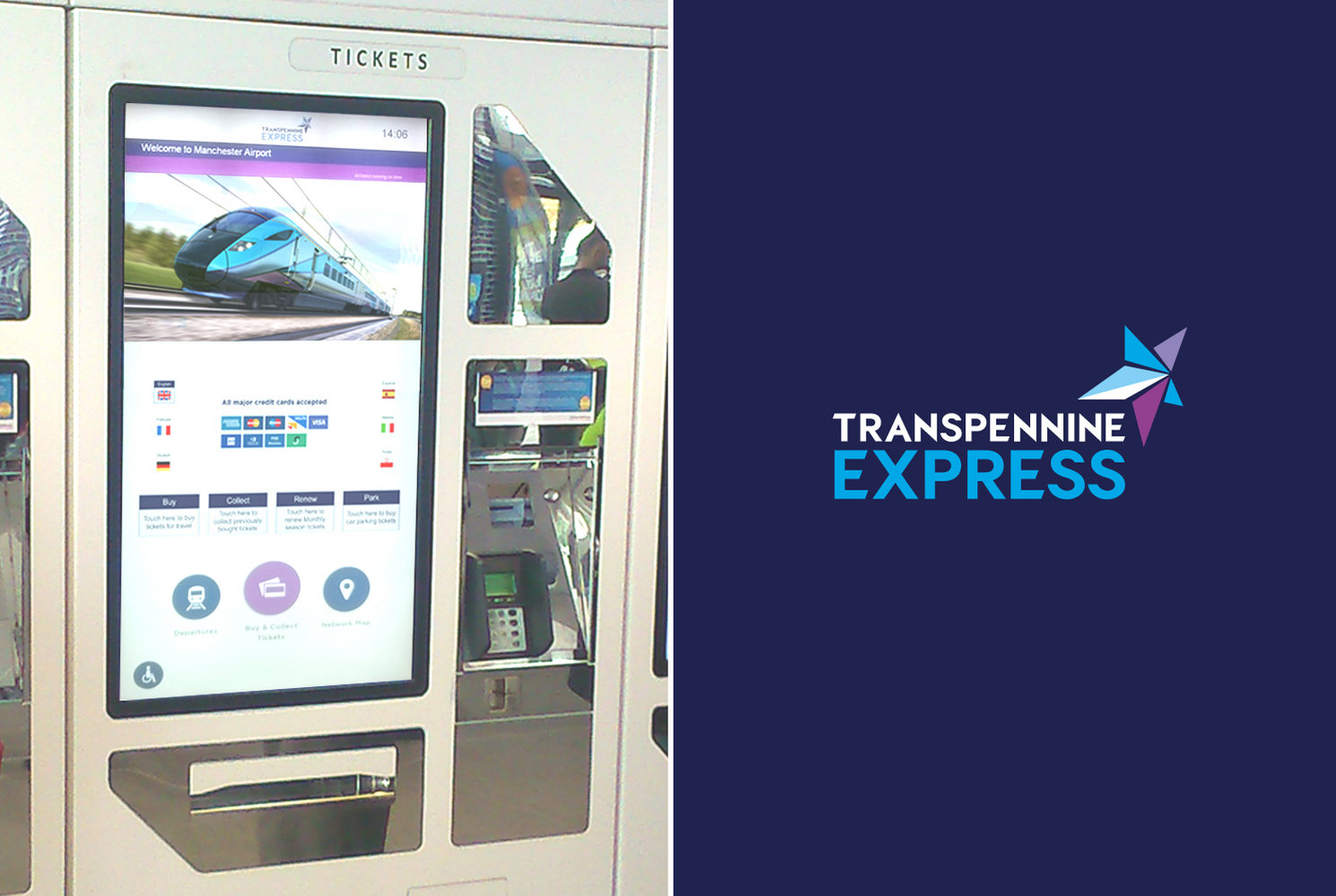 Ticket Kiosk next to Transpennine Express logo on dark blue background