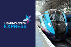 Transpennine Express logo next to blue and black train