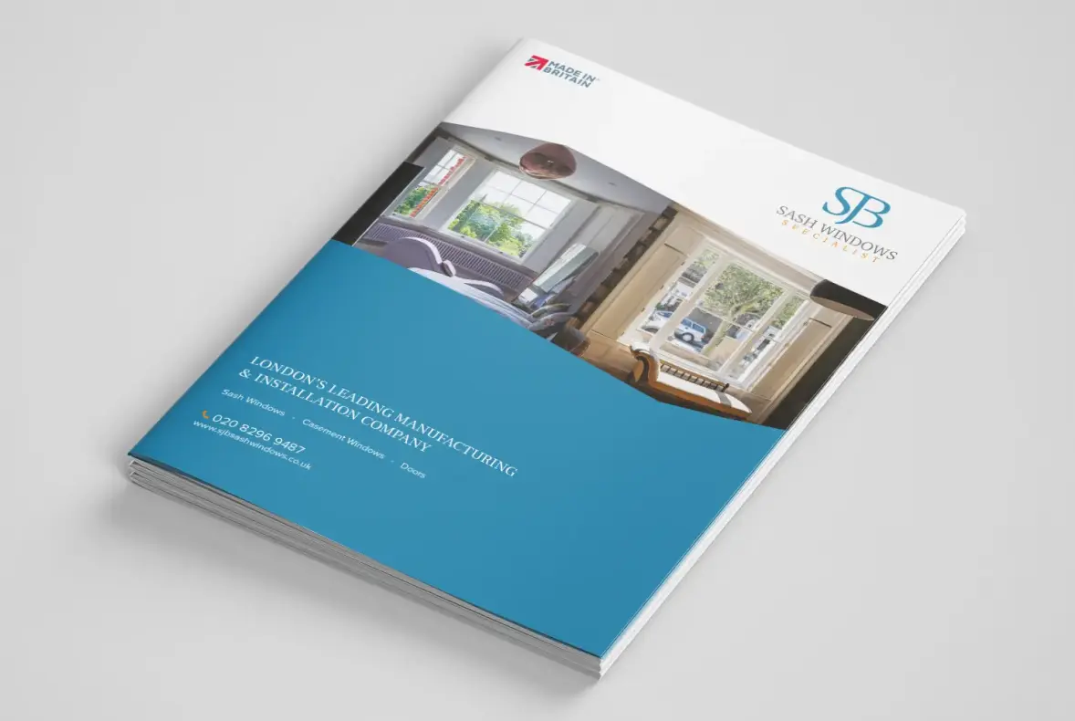 Mock up of SJB Sash Windows brochure showing front cover