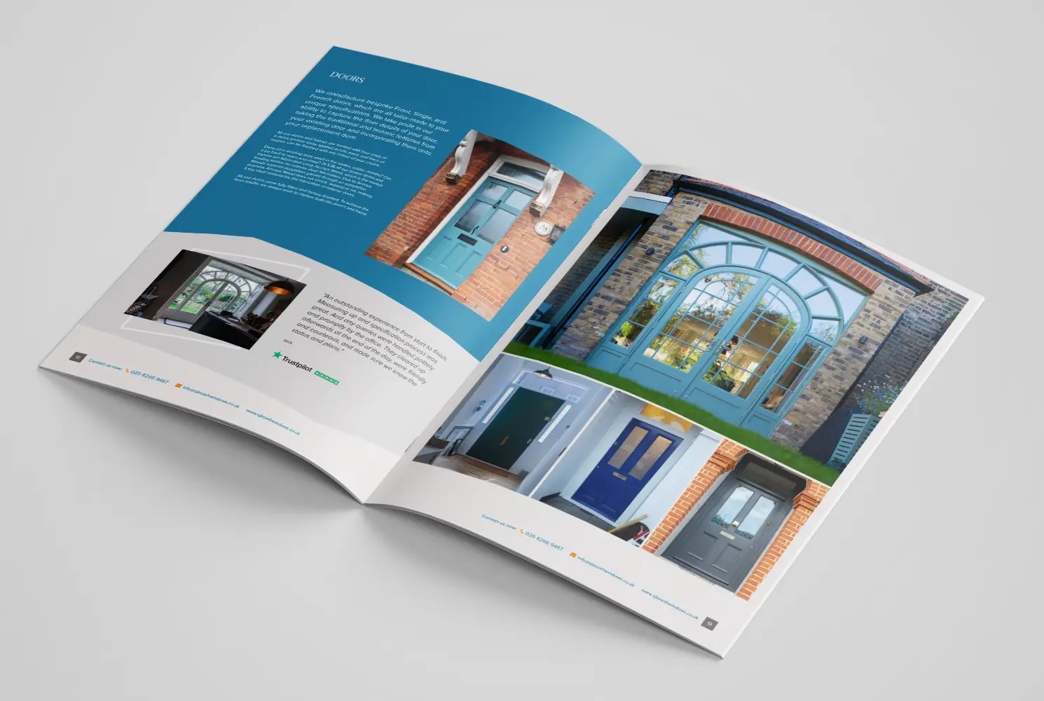 Mock up of SJB Sash Windows brochure showing inside double page spread