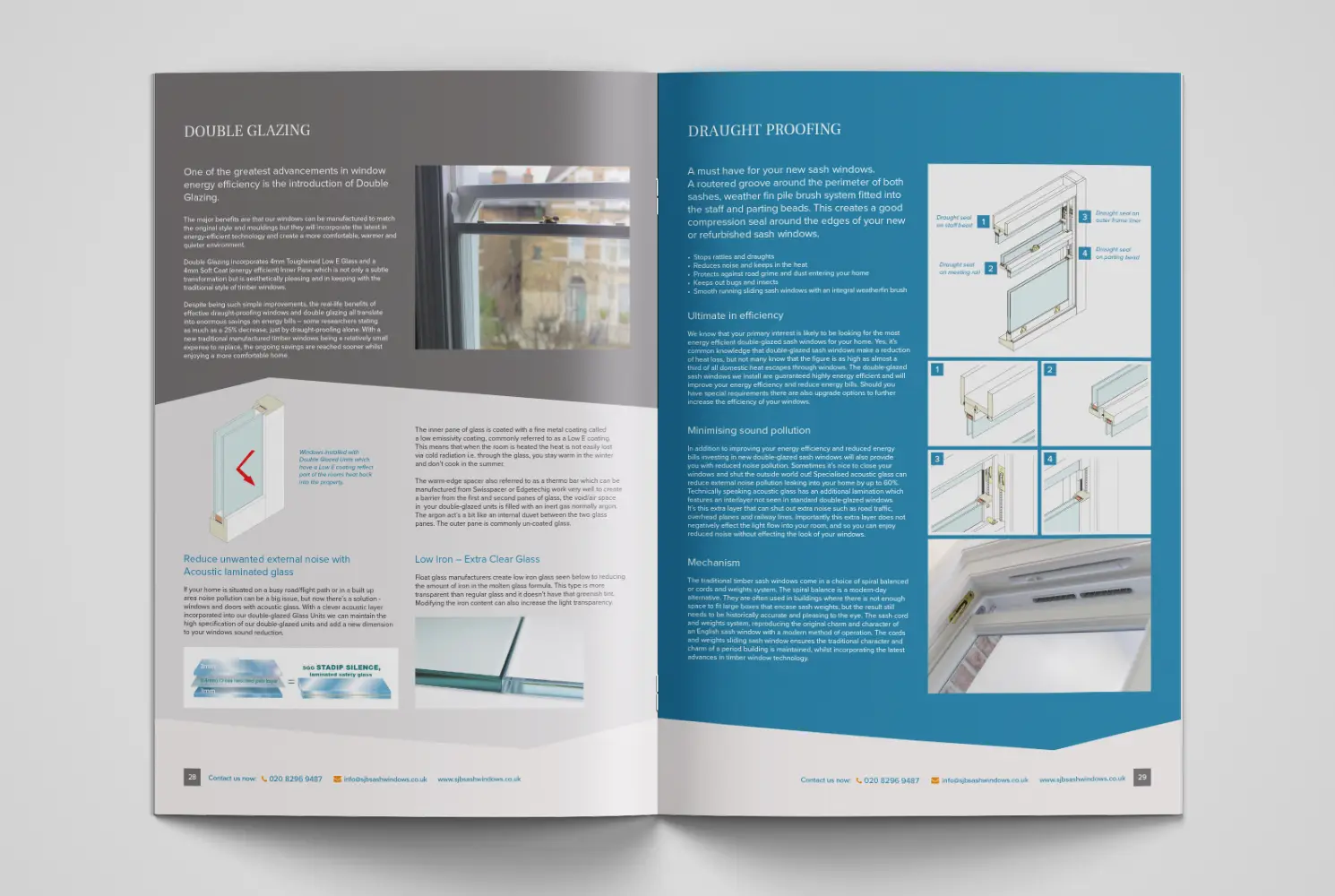 Mock up of SJB Sash Windows brochure showing inside double page spread