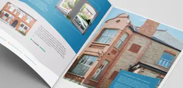 Mock up of SJB Sash Windows brochure showing inside double page spread