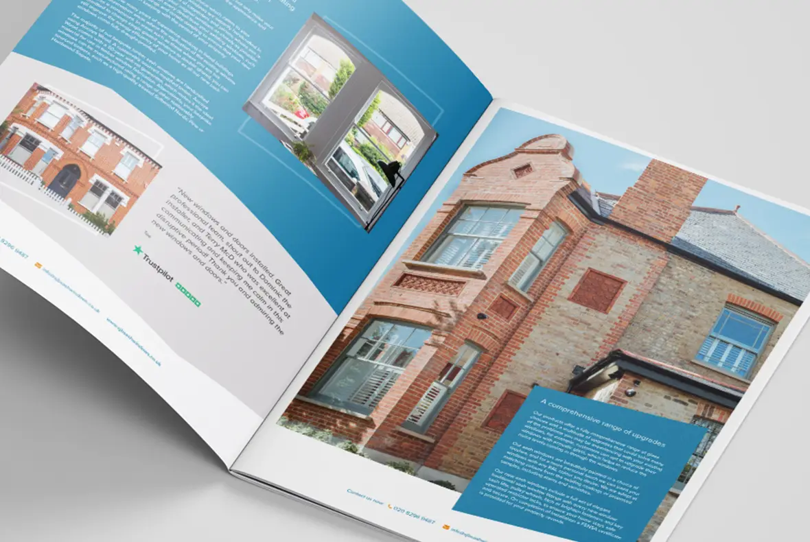 Mock up of SJB Sash Windows brochure showing inside double page spread