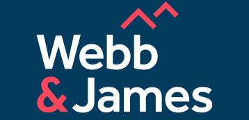 Webb & James Logo shown in white on a blue background