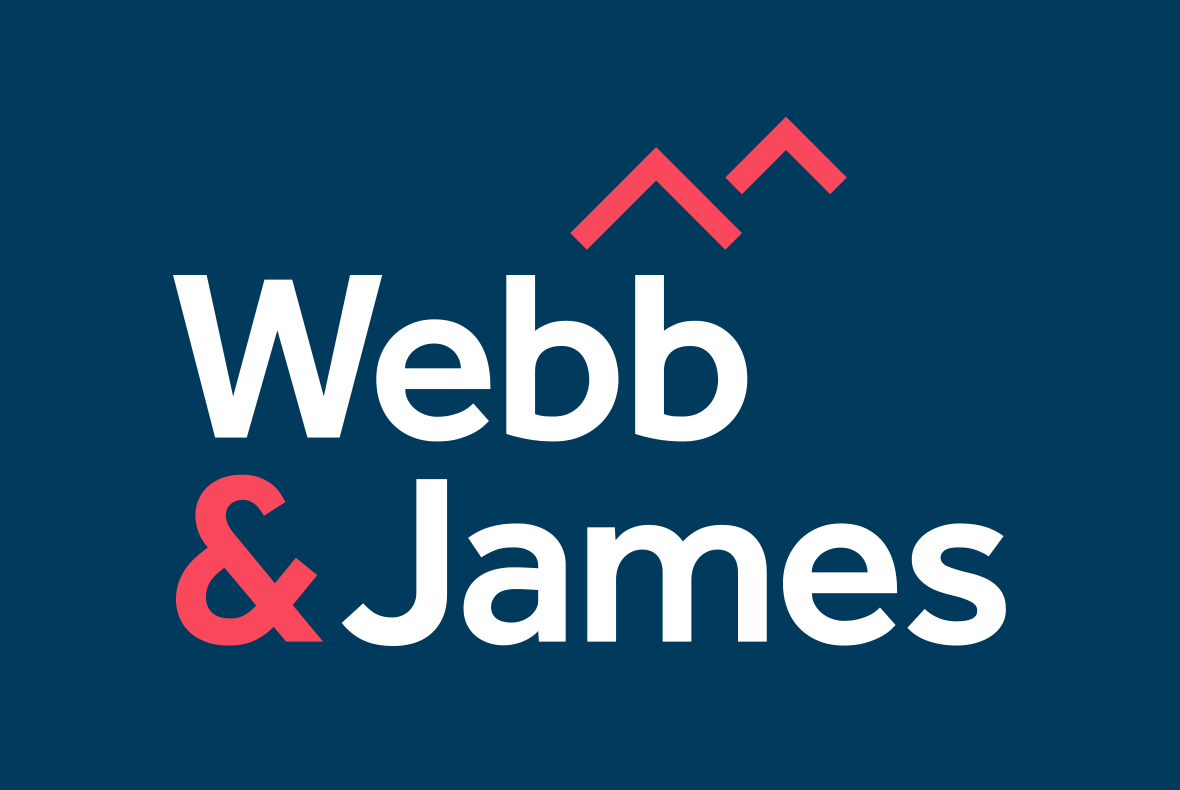 Webb & James Logo shown in white on a blue background