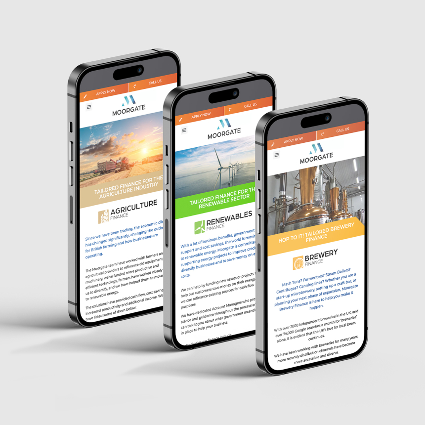 Moorgate Finance website sector pages shown on mobile devices