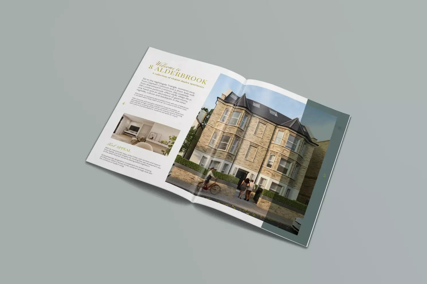 A mock up of a double page spread of the Alderbrook Road property brochure showing a CGI image of the outside of the property