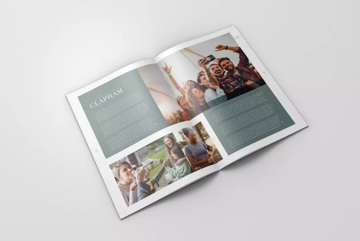 A mock up of a double page spread of the Alderbrook Road brochure showing images of people enjoying several local activities