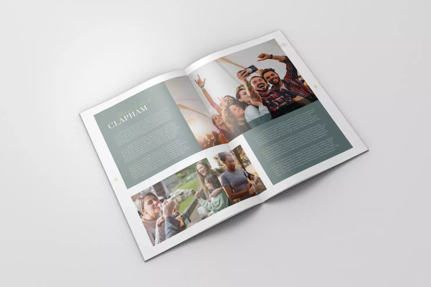 A mock up of a double page spread of the Alderbrook Road brochure showing images of people enjoying several local activities