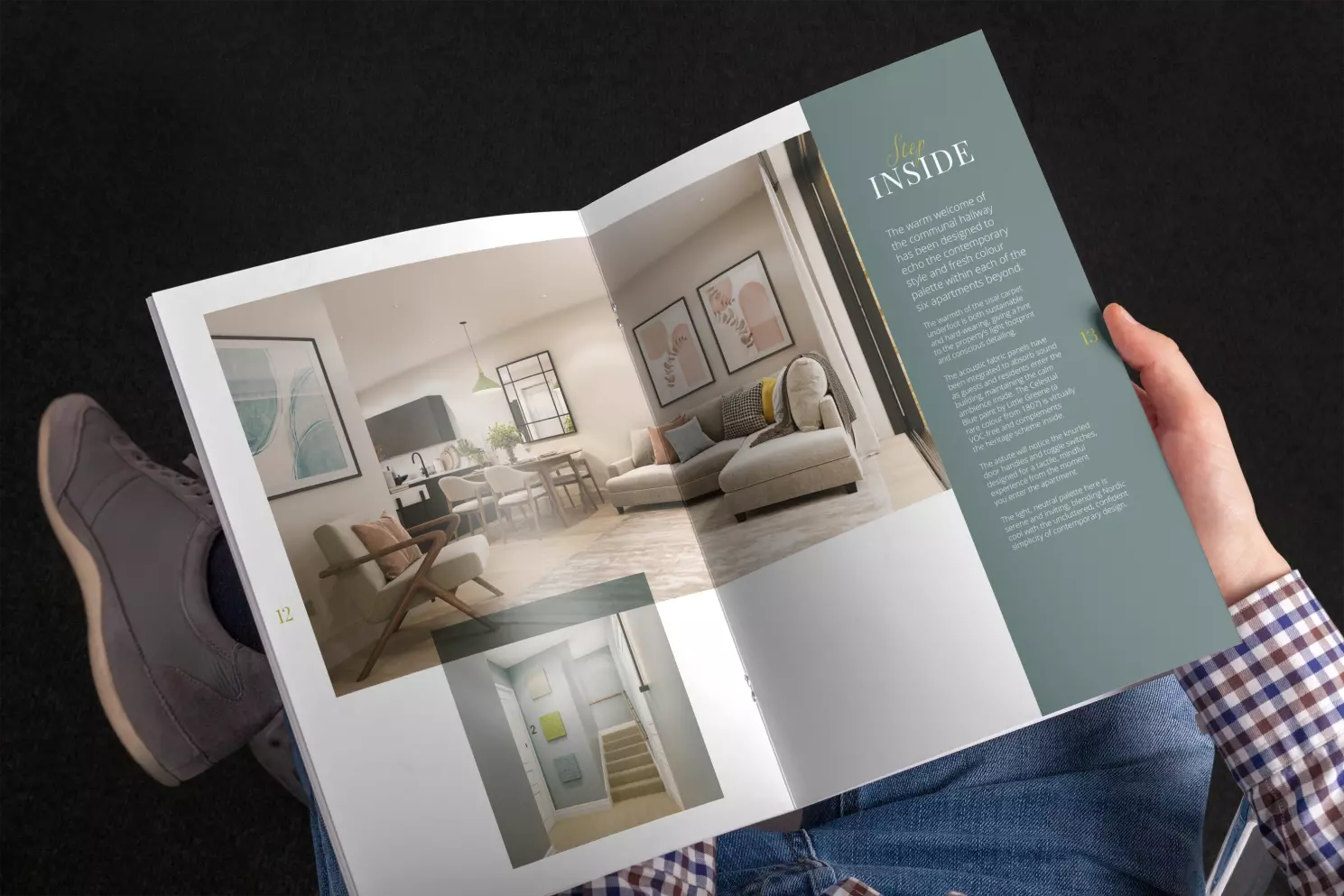 Picture of a man sitting down and holding the Alderbrook Road property brochure open and looking at come CGI images of internal rooms