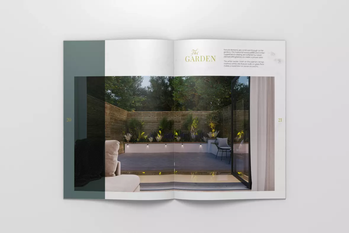 A mock up of a double page spread of the Alderbrook Road brochure showing CGI images of the back courtyard garden