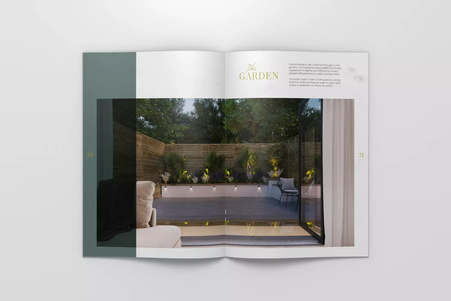 A mock up of a double page spread of the Alderbrook Road brochure showing CGI images of the back courtyard garden