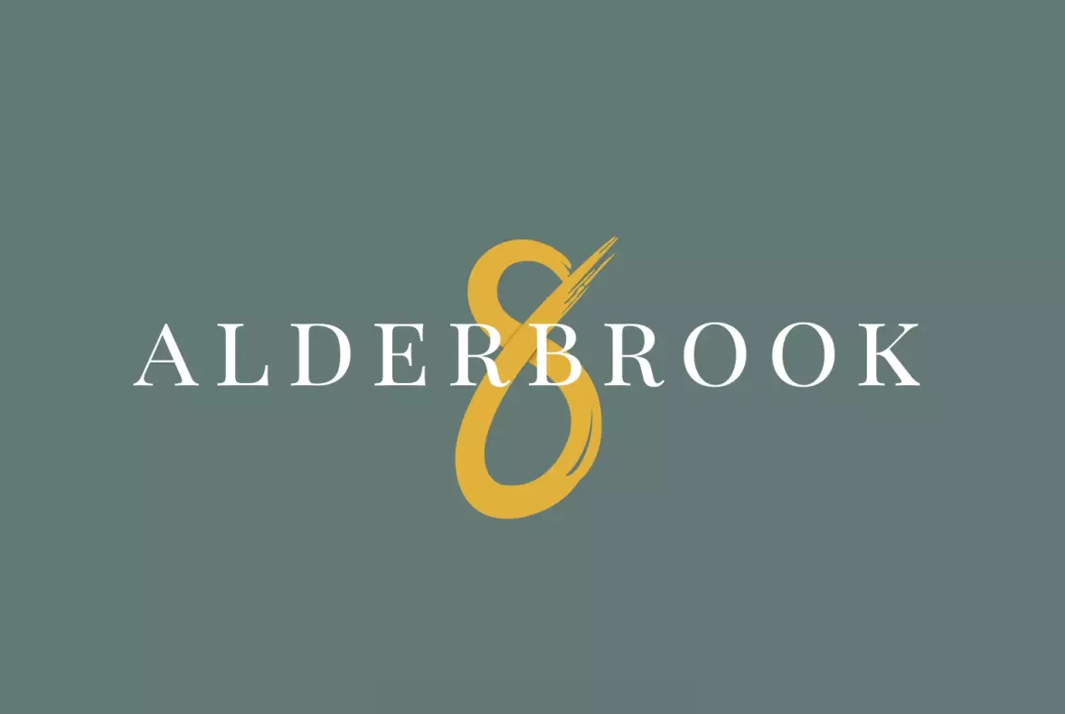 The logo for the Alderbrook Road property development reversed out on a coloured background
