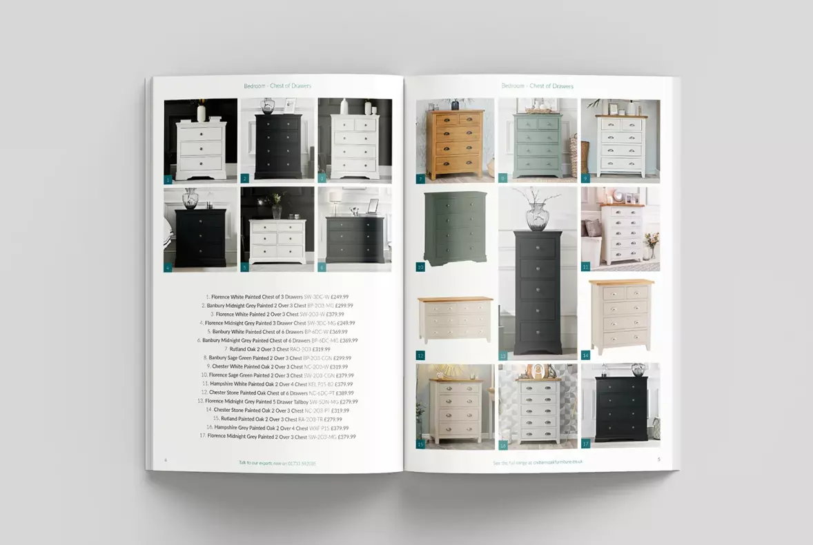 Mock up of a double page product spread of the Chiltern Oak furniture catalogue