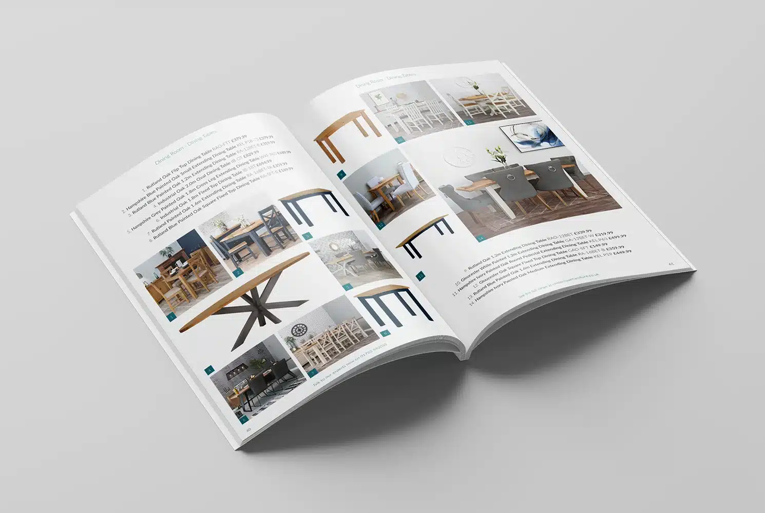 Mock up of a double page product spread of the Chiltern Oak furniture catalogue