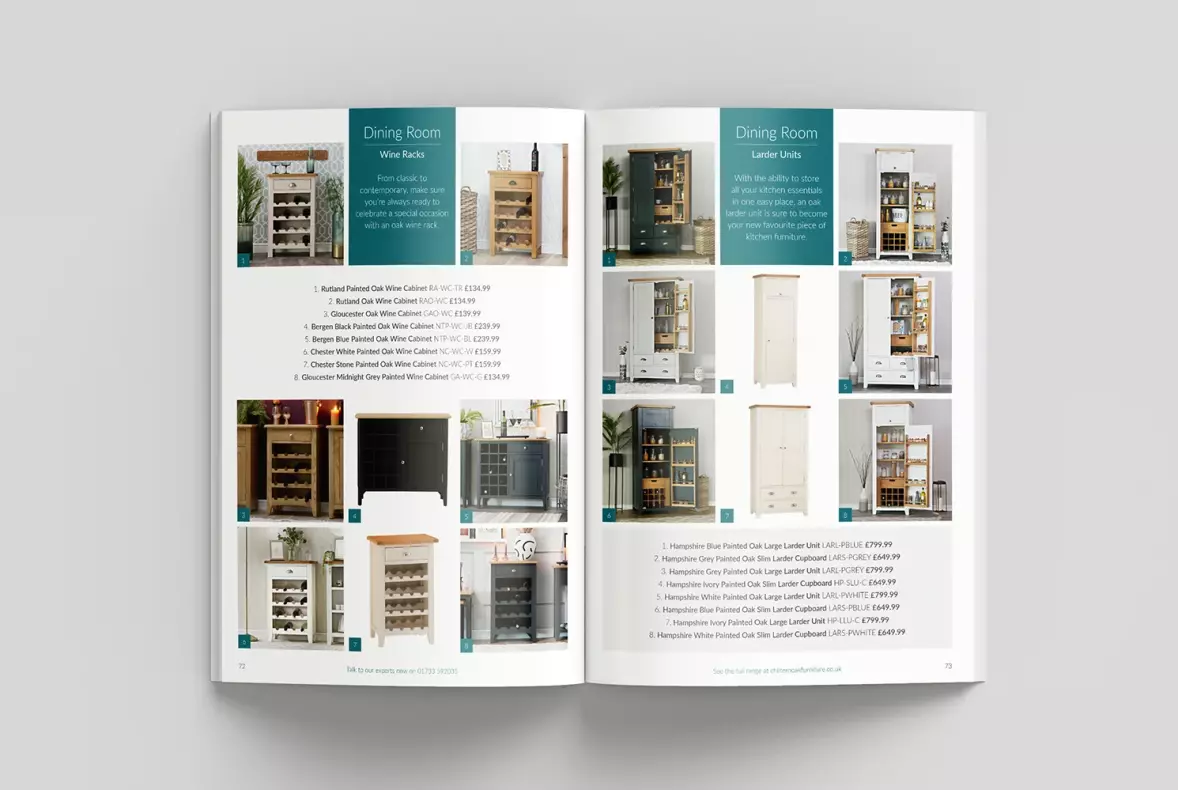 Mock up showing 2 single page product sections of the Chiltern Oak furniture catalogue