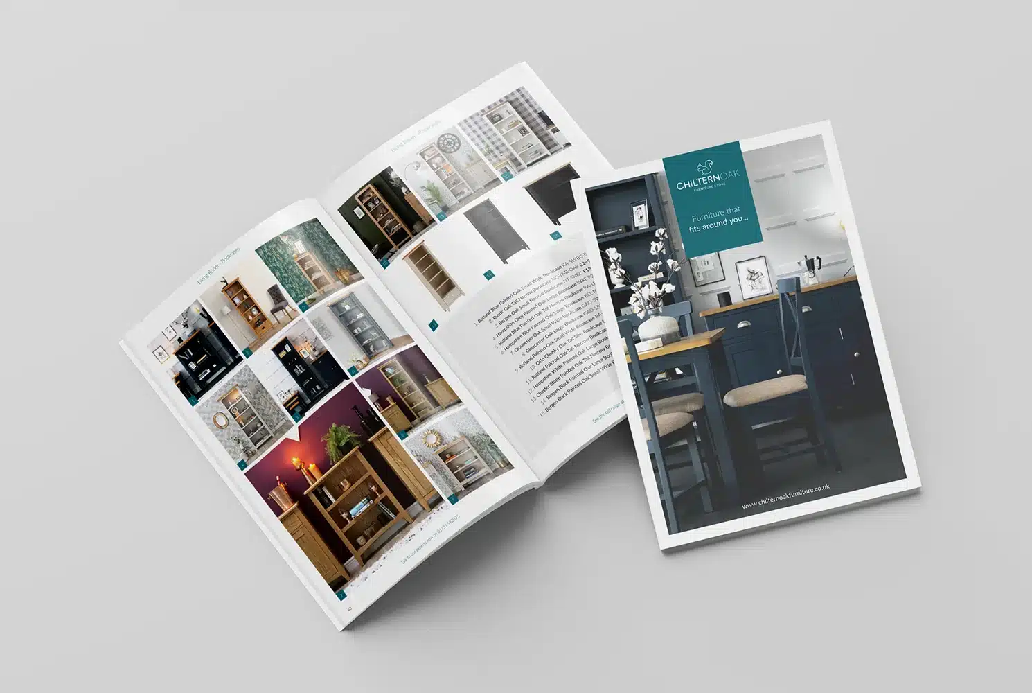 Mock up of the Chiltern Oak furniture catalogue showing a product double page spread and the front cover