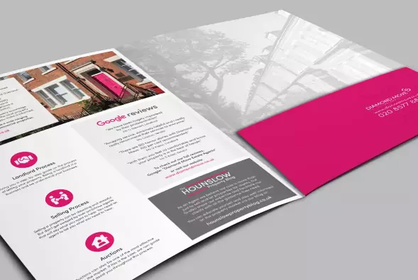 Mock up of a folder for Diamond Move Estate Agents showing the the inner pages and the pocket on the inside back cover