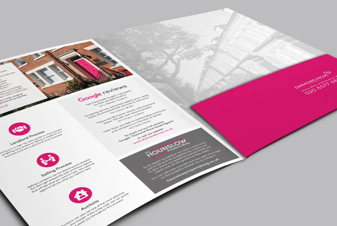 Mock up of a folder for Diamond Move Estate Agents showing the the inner pages and the pocket on the inside back cover