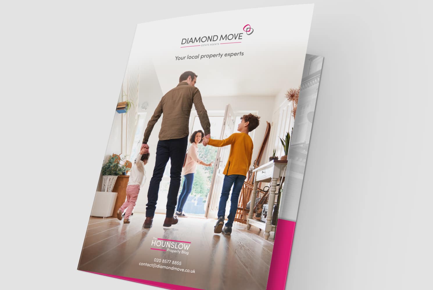 Mock up of a folder for Diamond Move Estate Agents showing the cover slightly open showing the inner page
