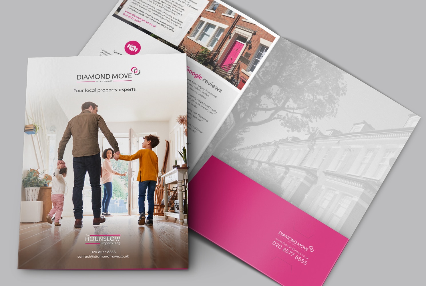 Mock up of a folder for Diamond Move Estate Agents showing the cover and inner pages