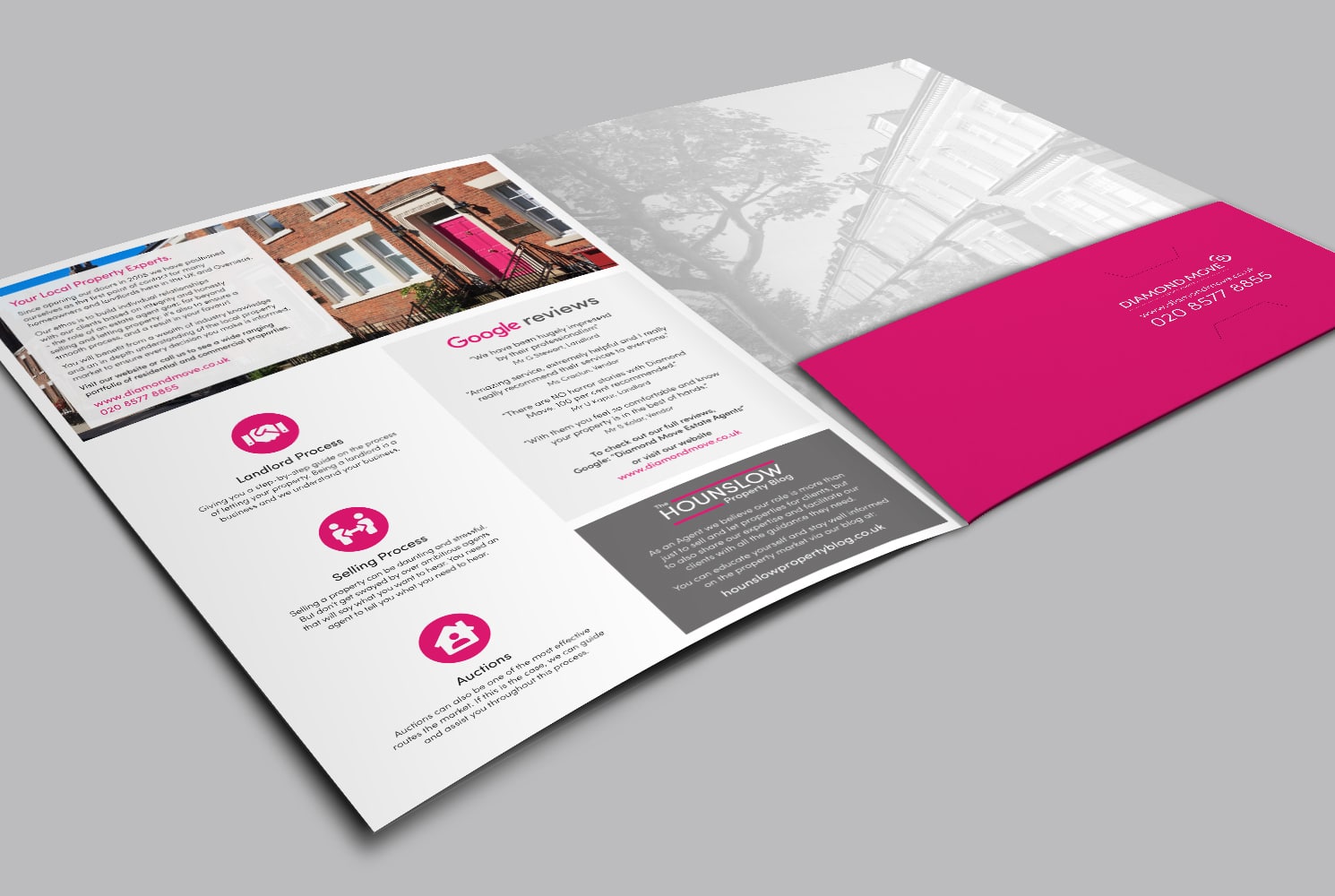 Mock up of a folder for Diamond Move Estate Agents showing the the inner pages and the pocket on the inside back cover