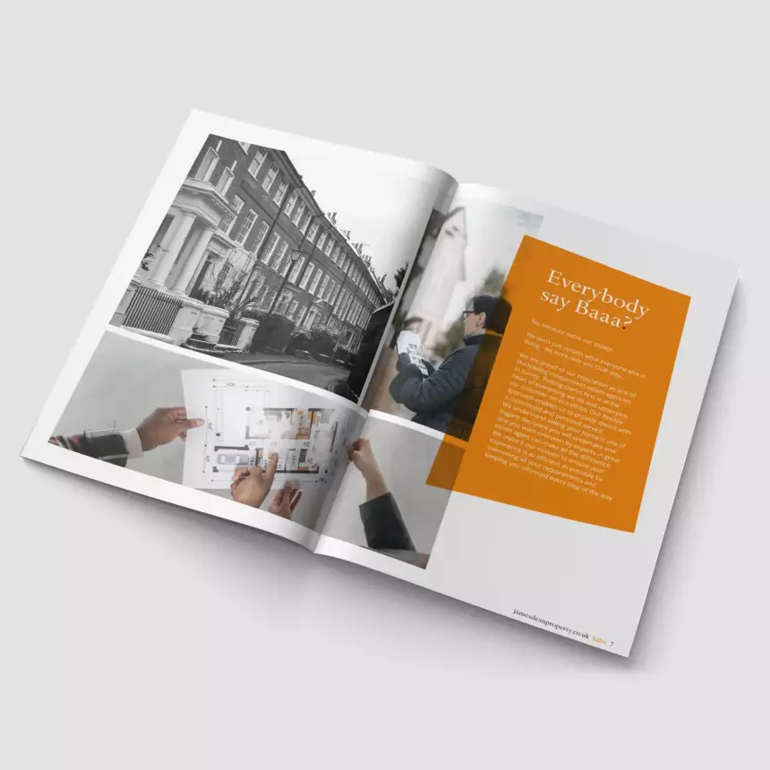 Mockup of some graphic design for the Estate Agency Industry, showing a double page spread of an Estate Agents brochure with modern minimalist style