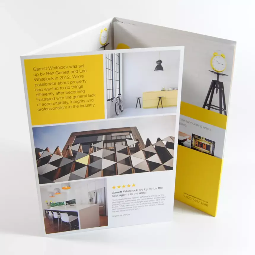 Photograph showing an example of graphic design for the Estate Agency Industry, with a 6 page A4 tri-fold folder for Garrett Whitelock