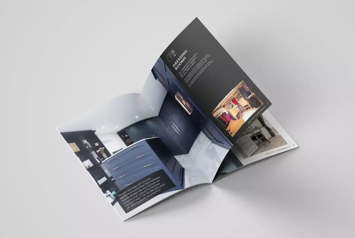 Mock up of Fox Wardrobes brochure showing portfolio style pages