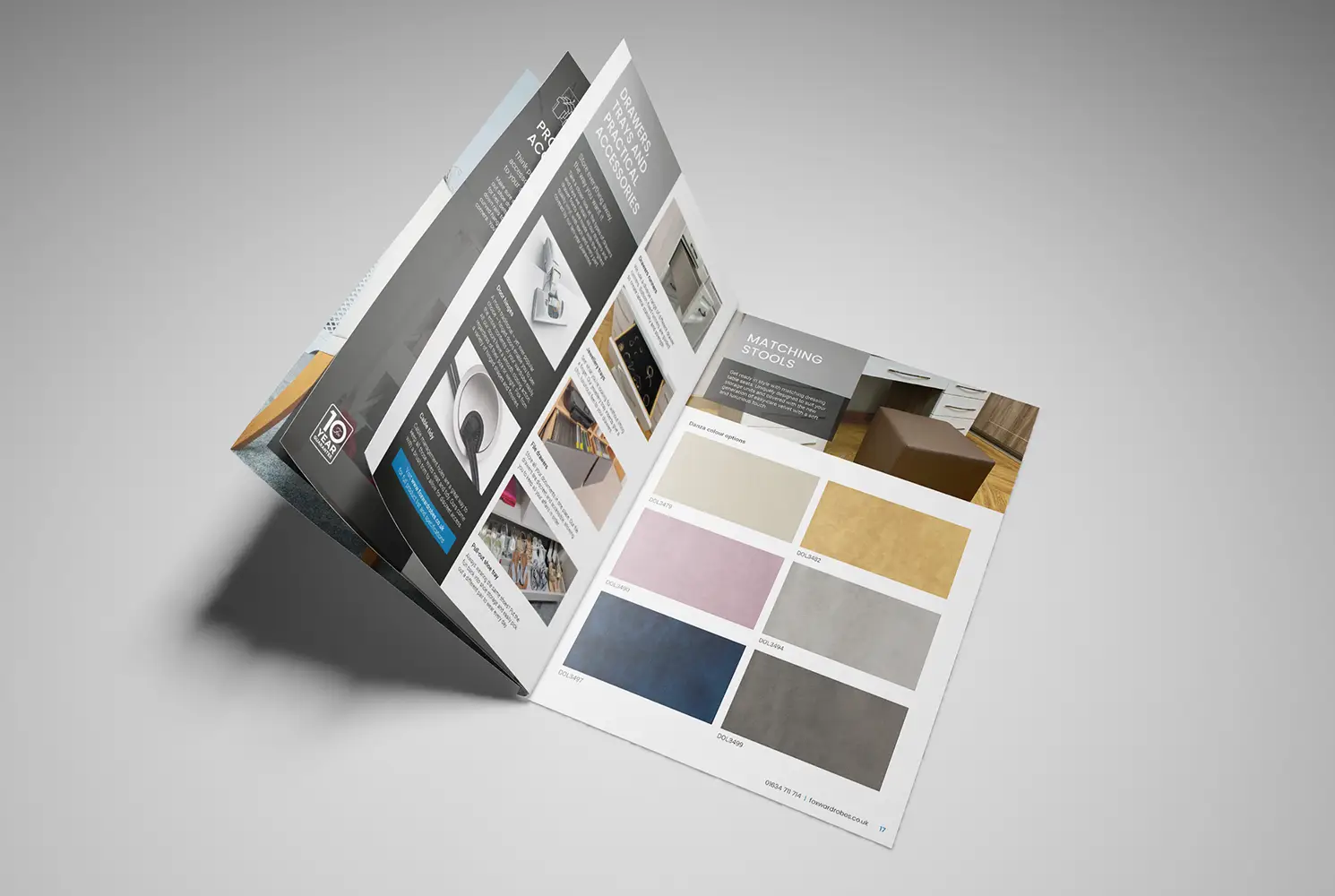 Mock up of Fox Wardrobes brochure showing fabric swatch options