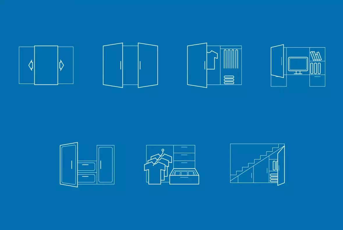 Bespoke icons developed for Fox wardrobes to represent the main product types