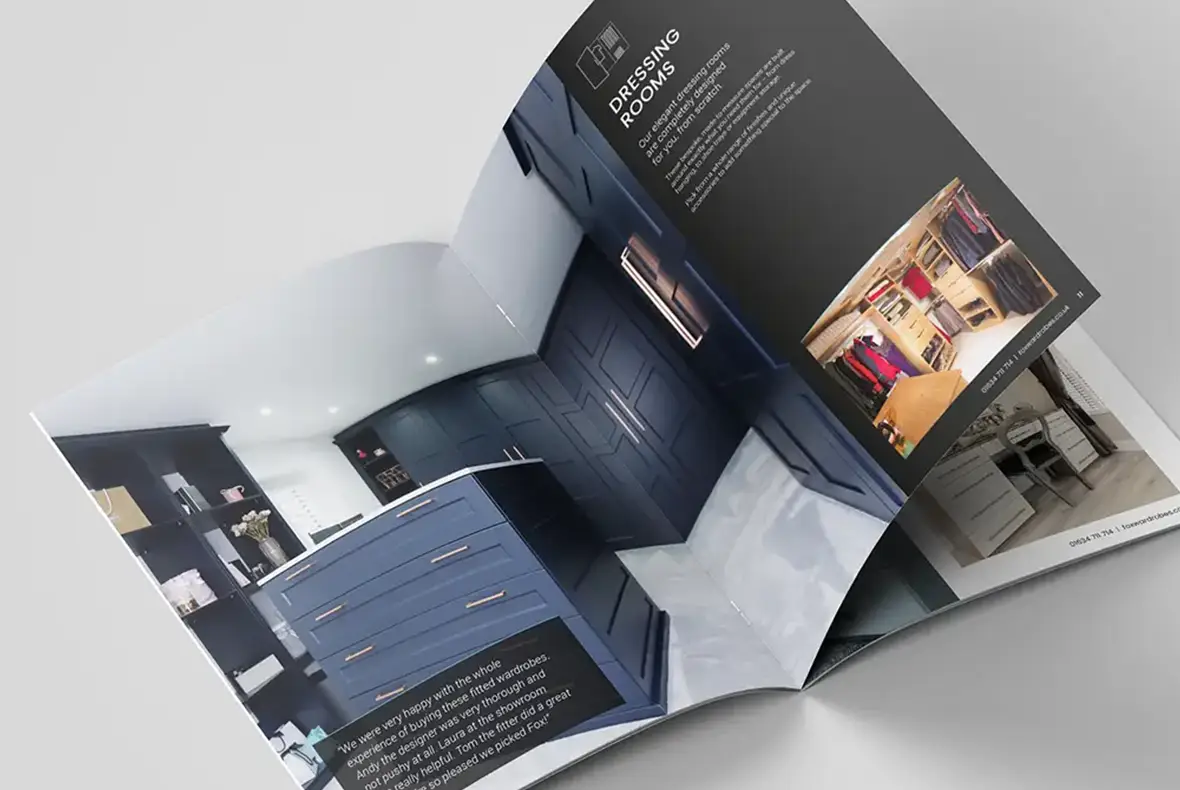 Mock up of Fox Wardrobes brochure showing portfolio style pages