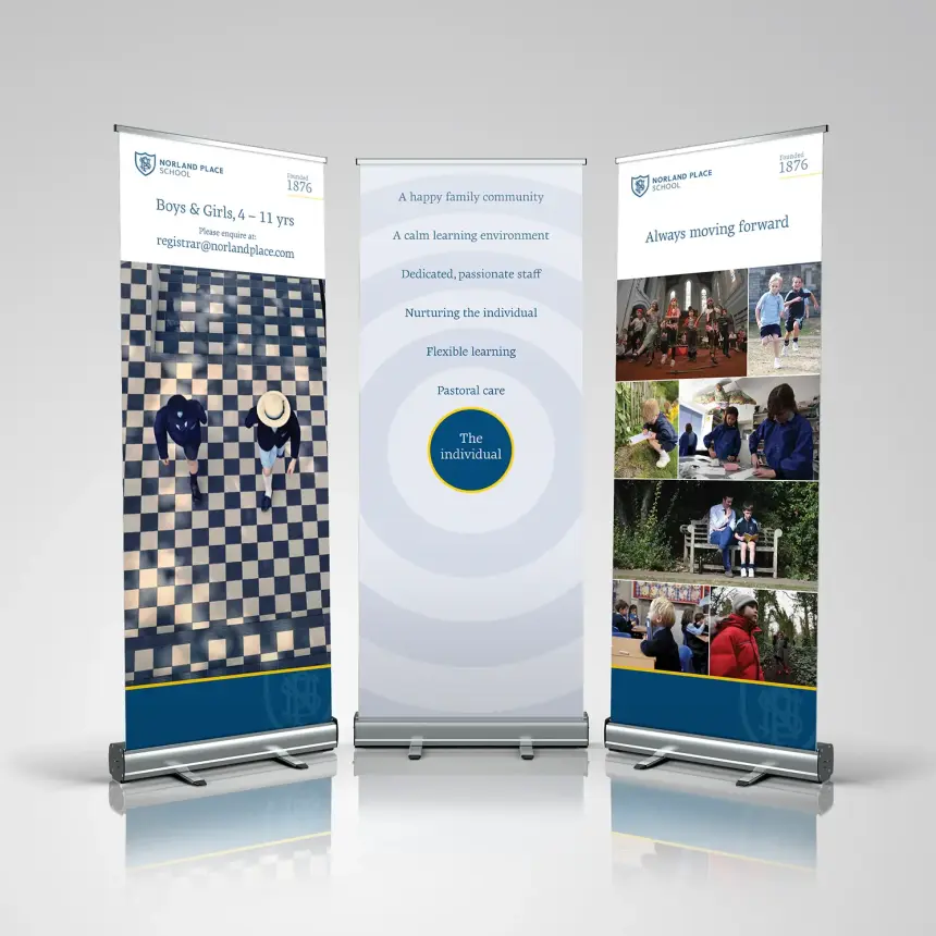 A mock up of 3 pop up roller banners that can work as a set or individually.
