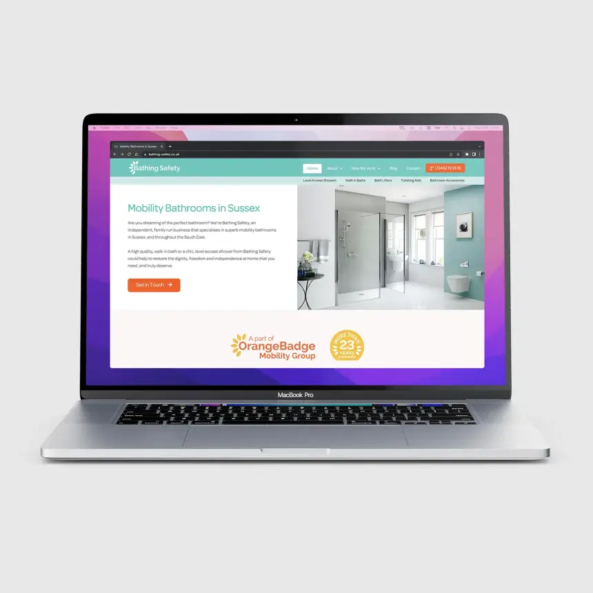 An Example of Graphic Design for the Mobility industry with a mock up of Bathing Safety's website - a supplier of mobility aids for the bathroom.