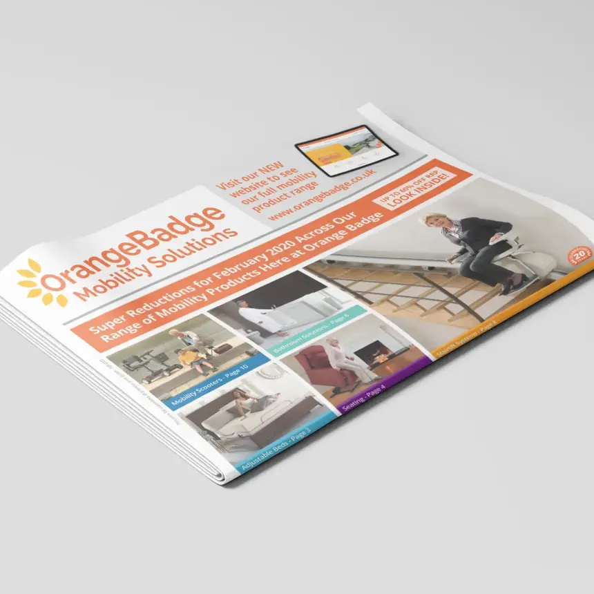 An example of Graphic Design for the Mobility industry with a mock up of a newspaper mailer for Orange Badge - a supplier of mobility aids in the South of England.