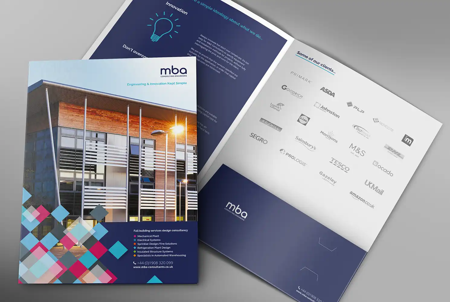 Mock up showing the cover and inside spread of the MBA presentation folder