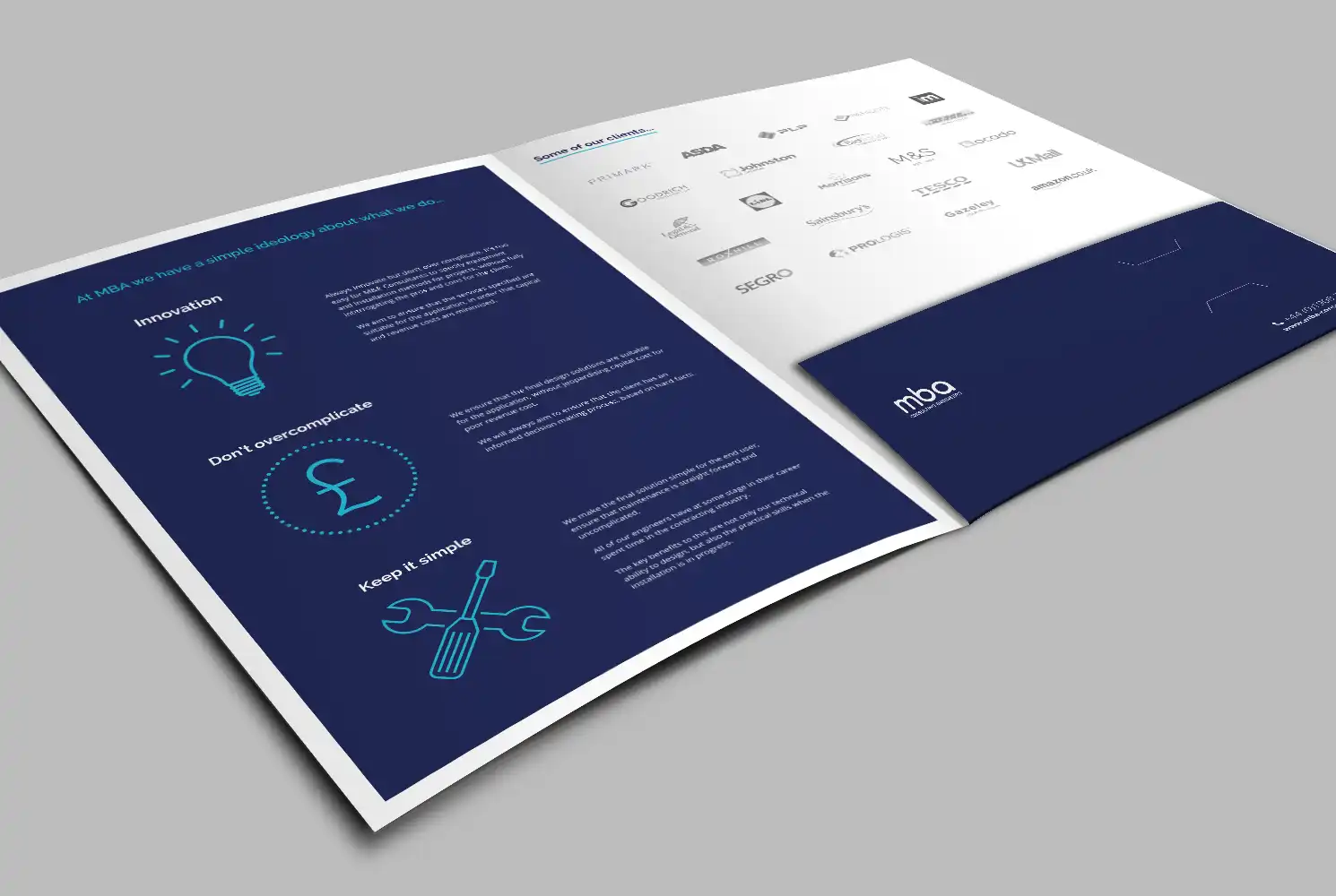 Mock up of the MBA presentation folder showing the fold out page