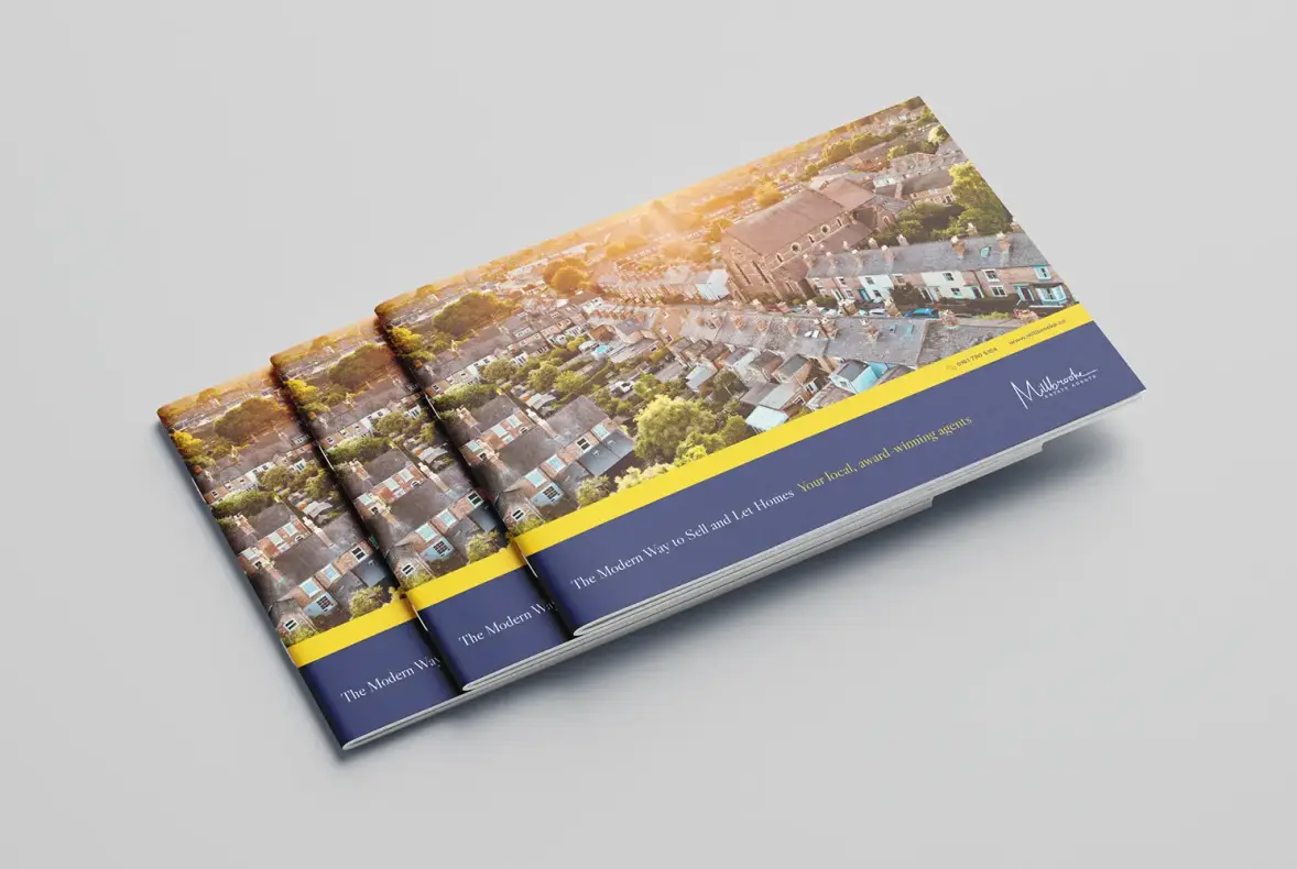 A mock up of Millbrooke Estate Agents brochure showing the front cover.
