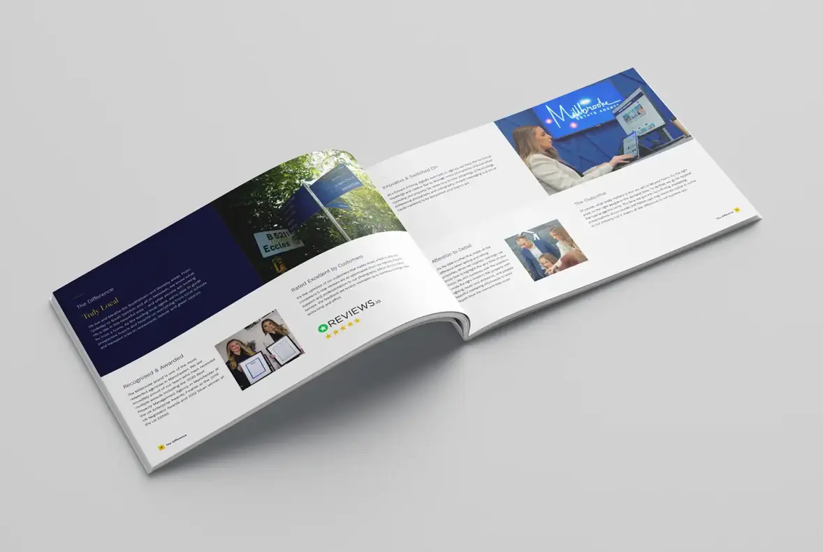 A mock up brochure showing an inside double page spread.