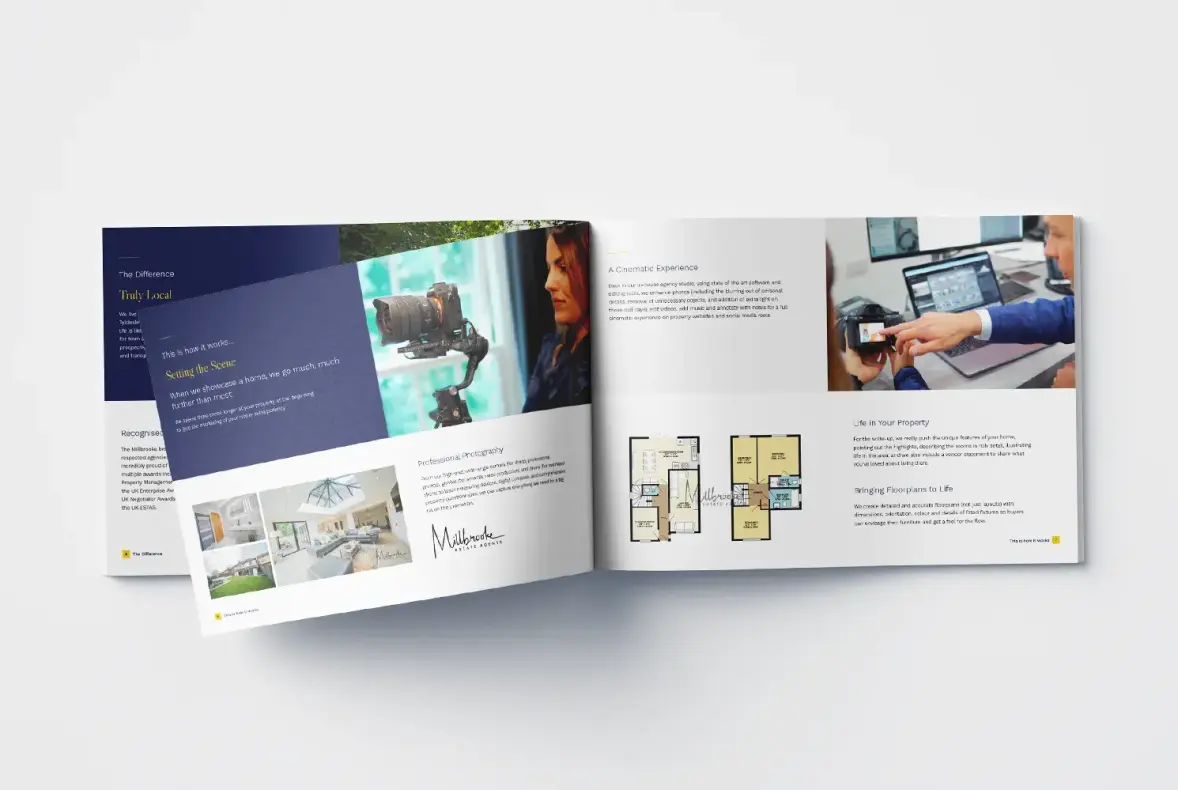 A mock up of Millbrooke Estate Agents brochure showing an inside double page spread.
