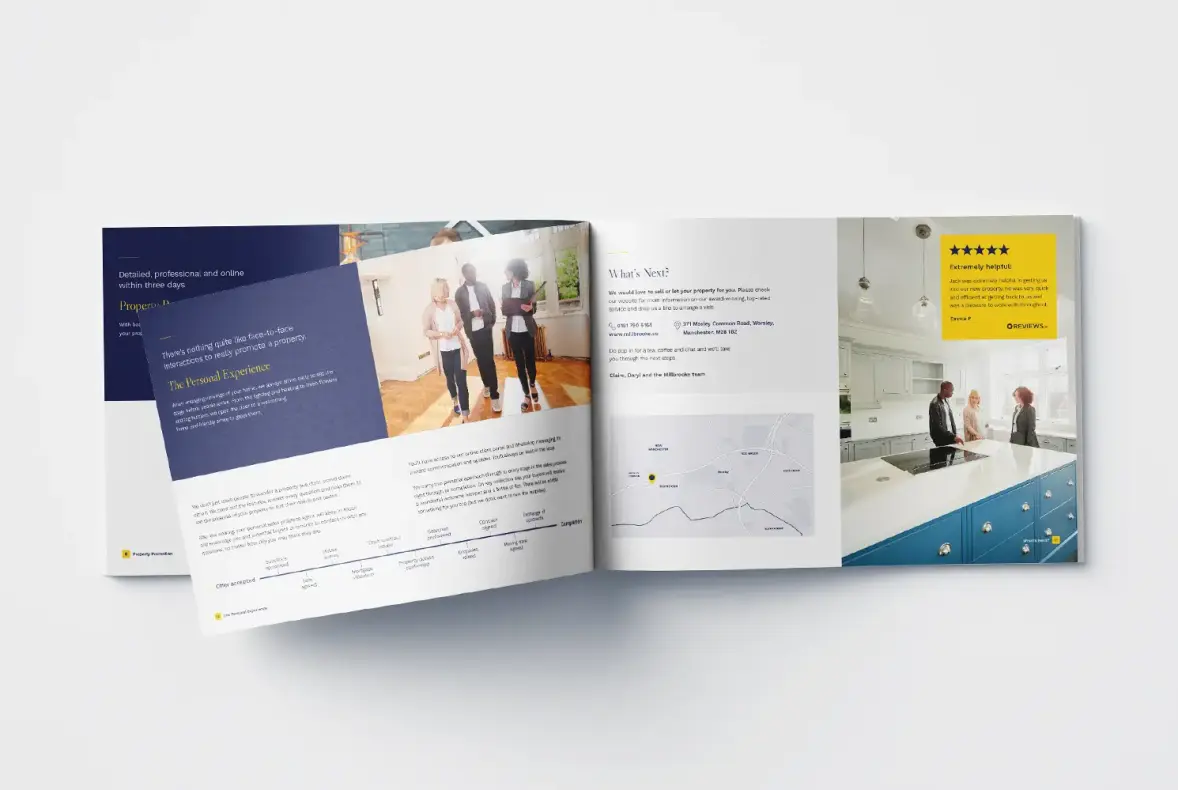 A mock up of Millbrooke Estate Agents brochure showing an inside double page spread.
