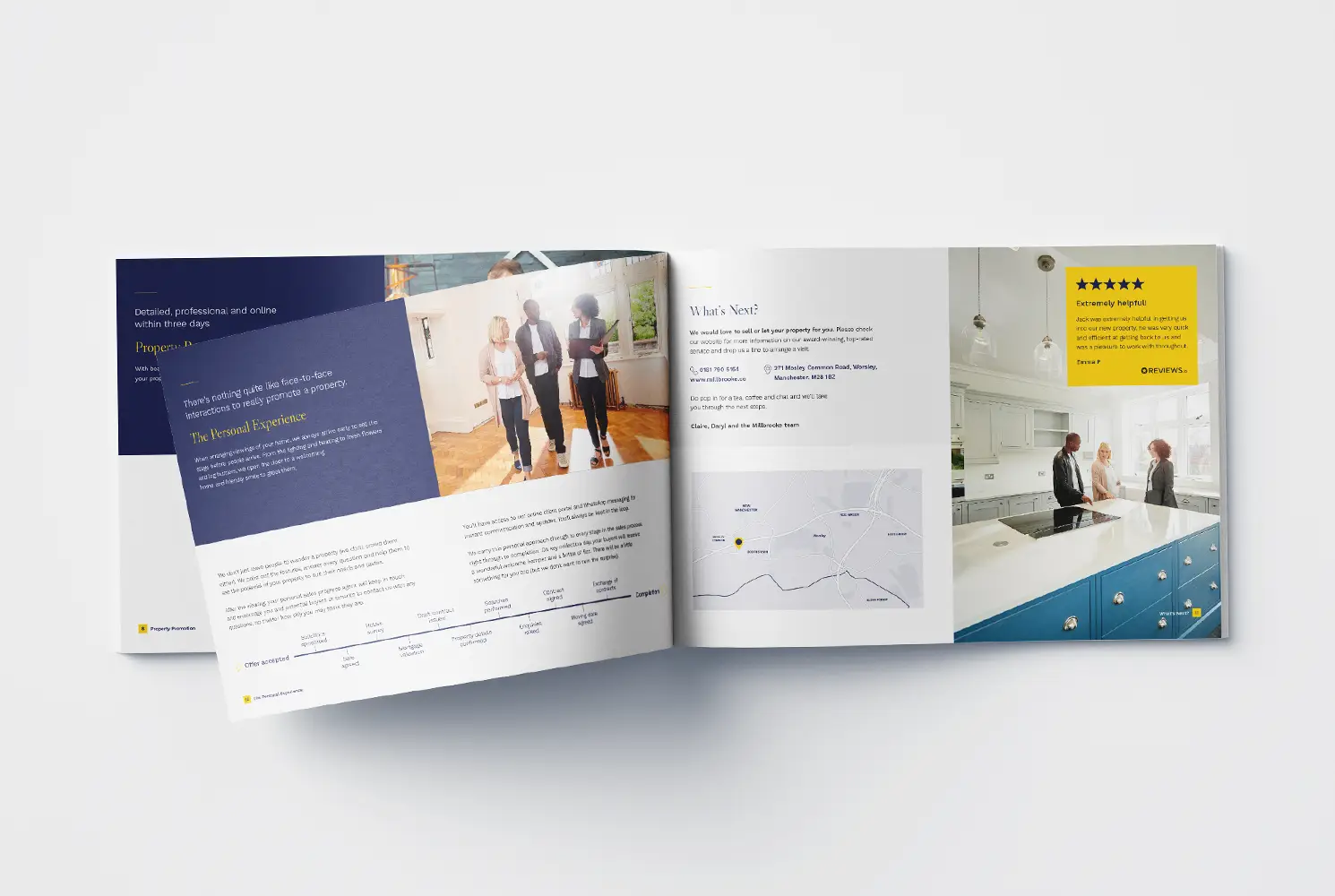 A mock up of Millbrooke Estate Agents brochure showing an inside double page spread.